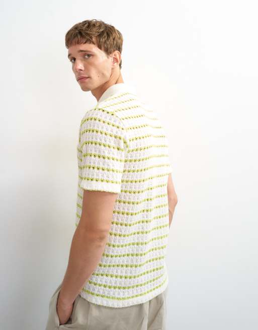 Topman – Klassisch geschnittenes Polohemd aus Häkelstoff in Ecru mit Streifen, 4 von 5