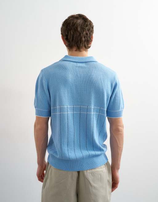 Topman – Klassisch geschnittenes Polohemd aus Pointelle-Strick in Hellblau, 3 von 5
