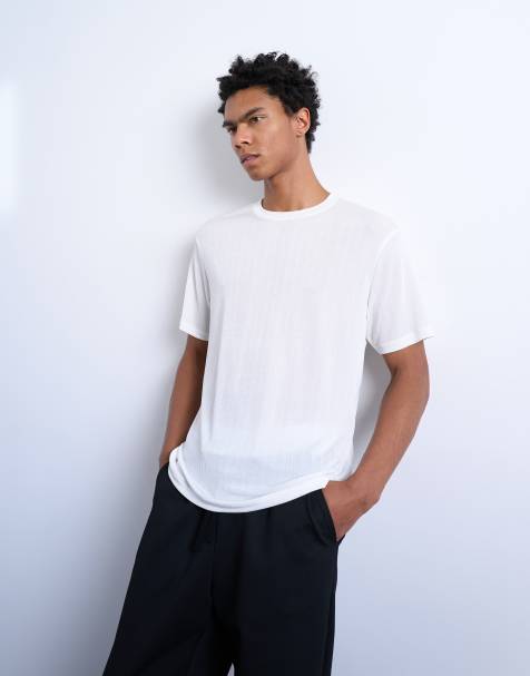 Topman – Klassisches, geripptes T-Shirt in transparentem Weiß - view 1