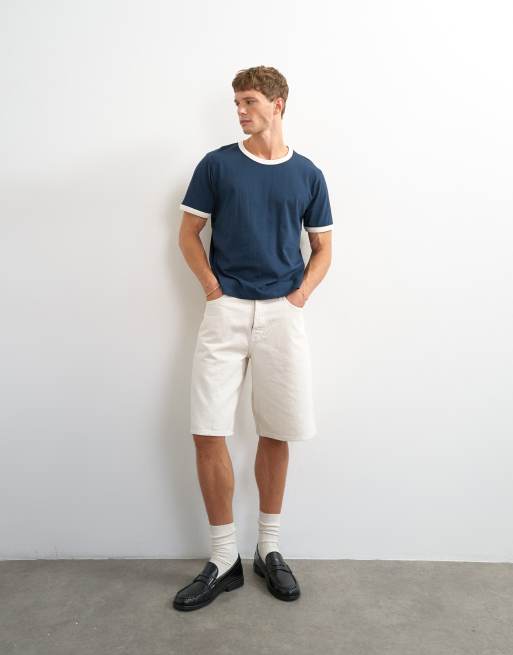 Topman klassisk cropped ringer-T-shirt i marineblå, 3 af 5
