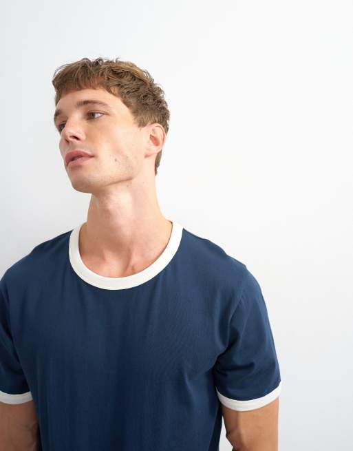 Topman klassisk cropped ringer-T-shirt i marineblå, 5 af 5
