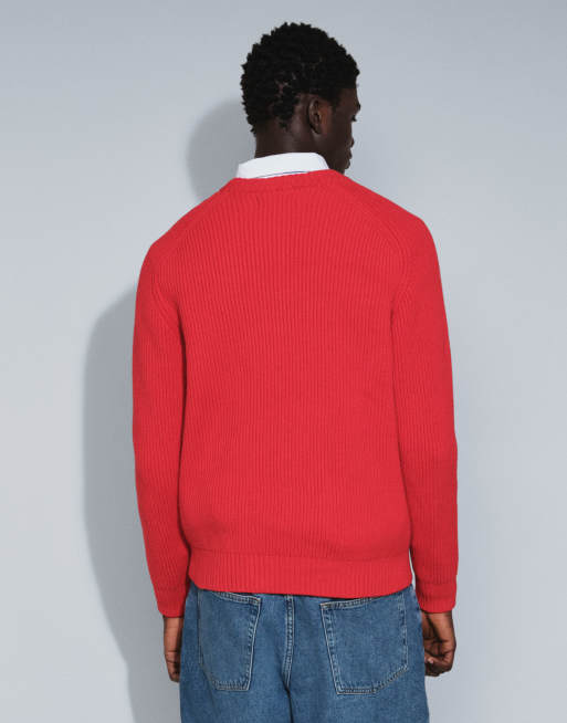 Topman klassisk passform fiskarstickad tröja i rött, 4 av 5