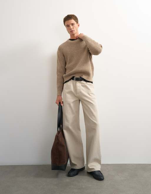 Topman klassisk passform flätstickad fiskartröja i oatmeal, 2 av 7