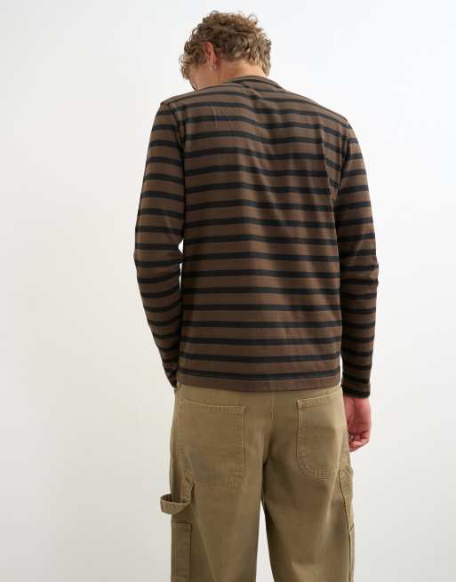 Topman klassisk passform långärmad t-shirt med rand i brunt, 3 av 5