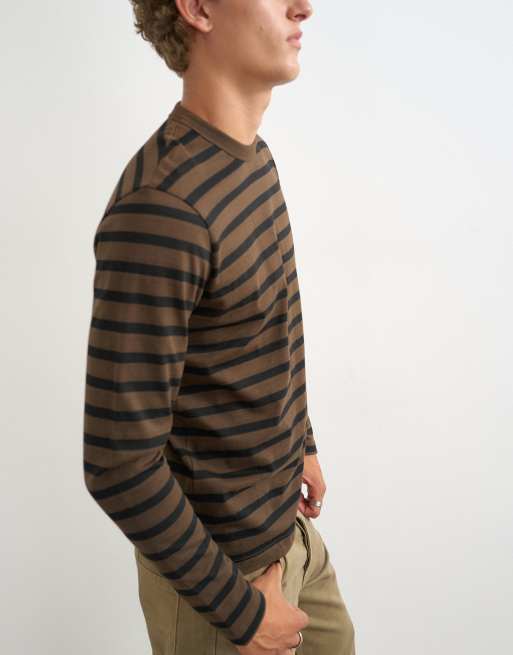Topman klassisk passform långärmad t-shirt med rand i brunt, 4 av 5