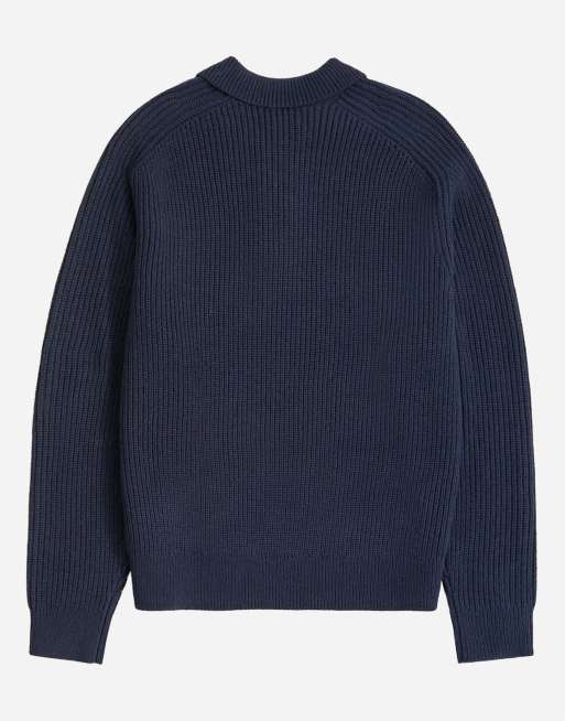 Topman klassisk stickad pikétröja i marinblått, 7 av 7
