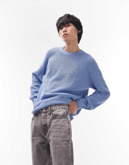 Topman – Klasyczny niebieski sweter z dzianiny o splocie angielskim