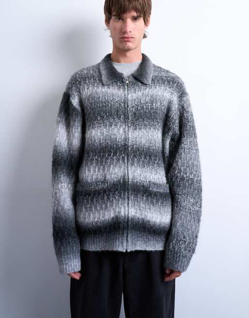 Topman knit blend zip up cardigan in gray