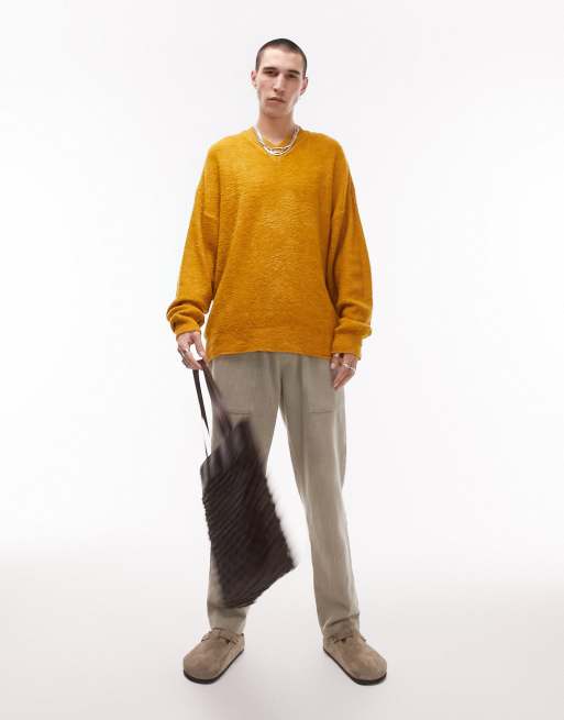 Topman knit crew neck sweater with boucle texture in brown