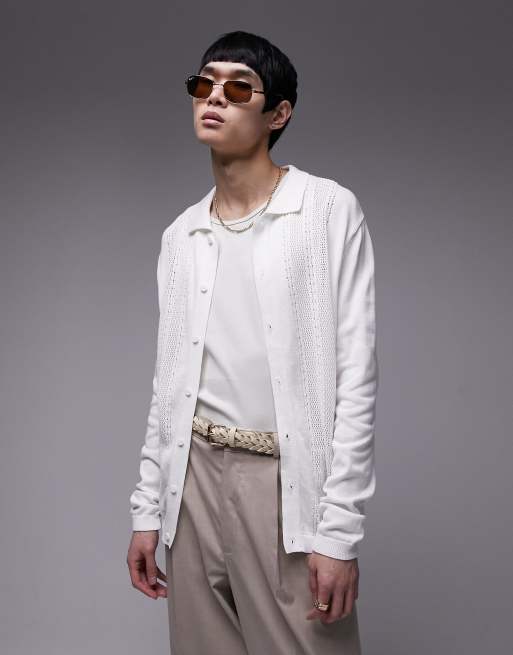 Topman knit button through shirt with pointelle in white