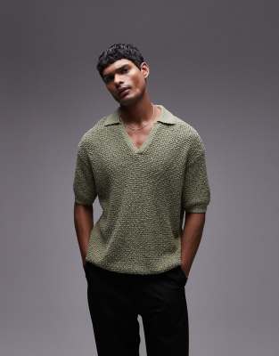 Topman Knit Camp Collar Polo In Khaki-green In Green