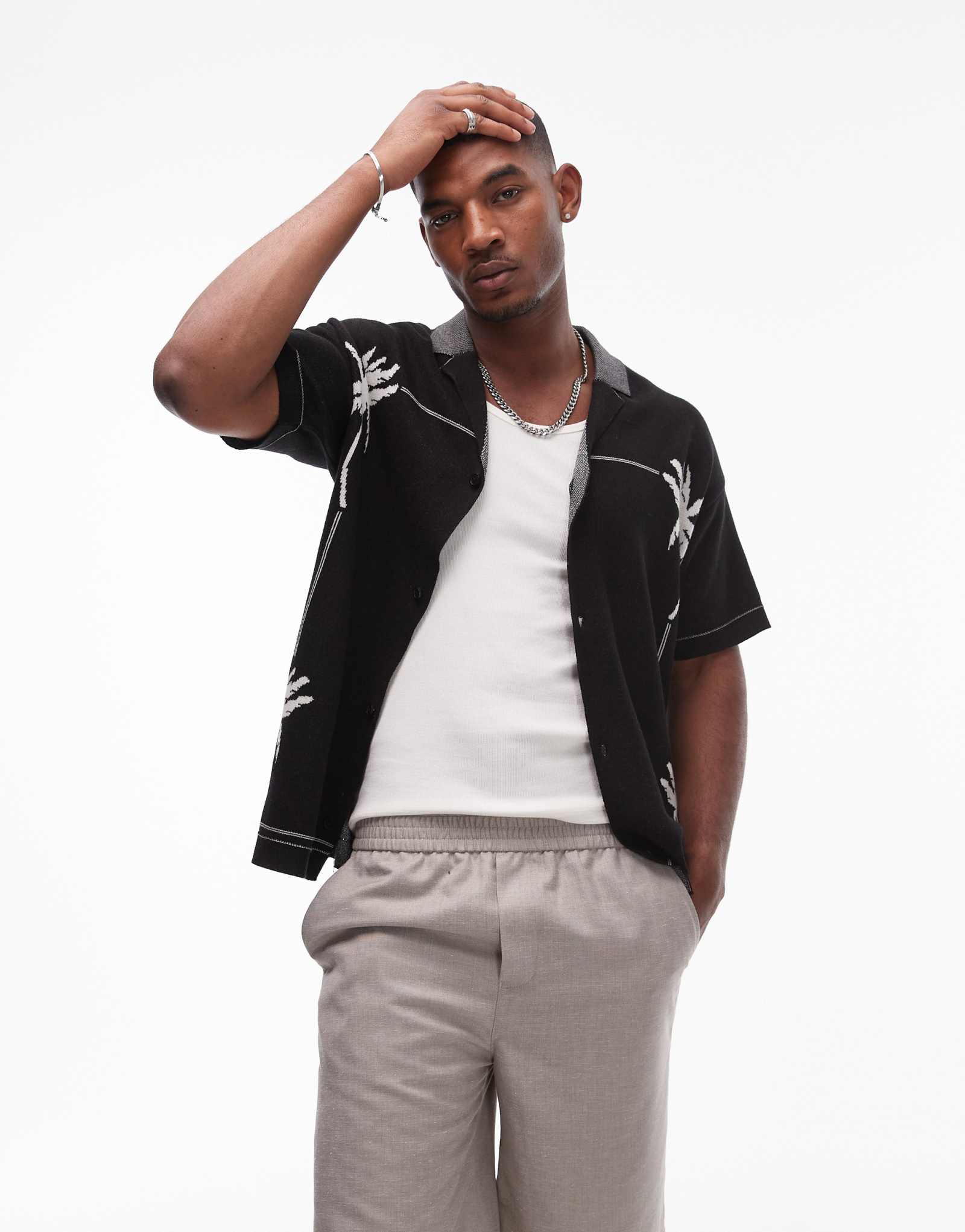 Черная трикотажная рубашка-поло Topman с отложным воротником и принтом в виде пальм 