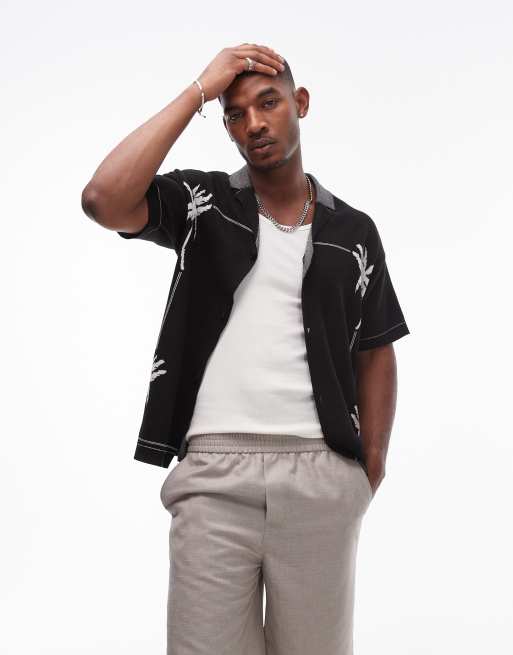 Topman knit camp collar polo with palm embroidery in black