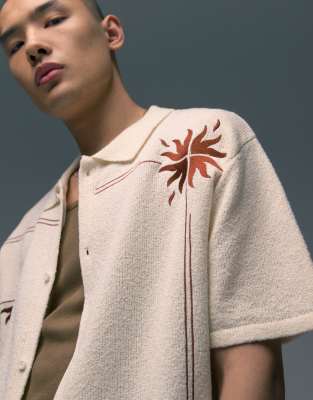 Topman Knit Camp Collar Polo With Sun Embroidery In White