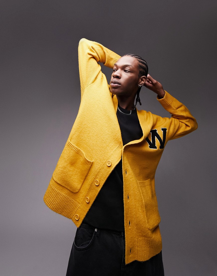Topman knit cardigan with collegiate patch in yellow
