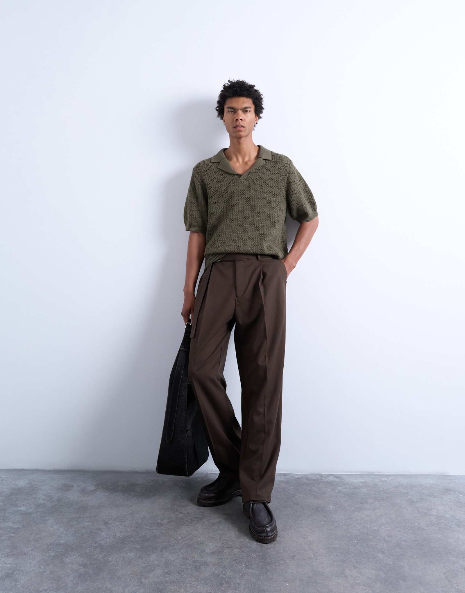 Футболка-поло Topman, вязаная крючком в шахматном порядке, зеленого цвета хаки