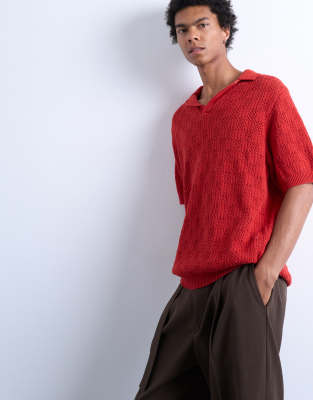 knit checkerboard crochet polo shirt in red