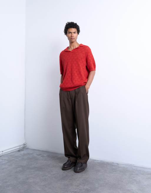 Topman knit checkerboard crochet polo shirt in red, 2 of 4