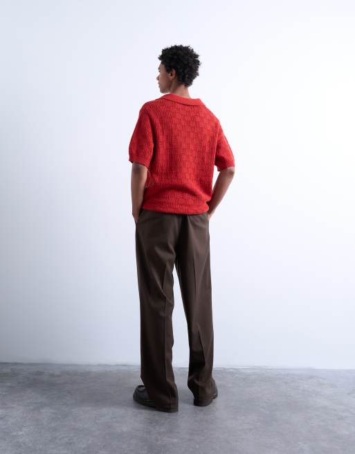 Topman knit checkerboard crochet polo shirt in red, 4 of 4