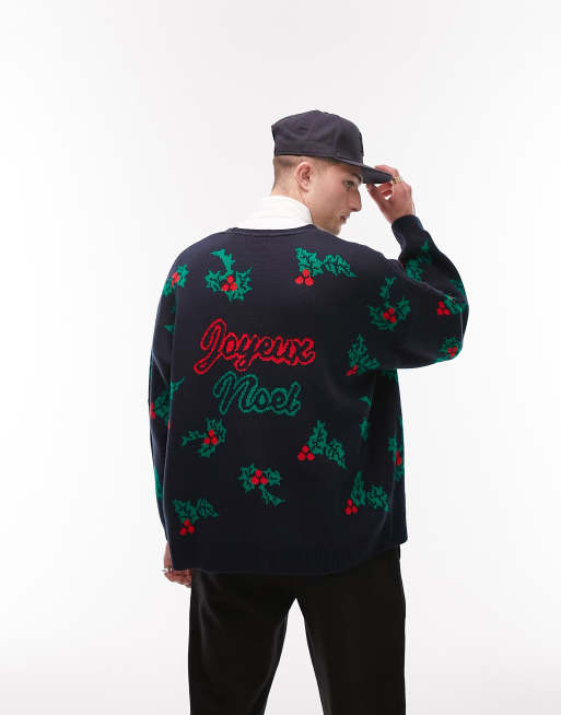 Topman knit Christmas cardigan with all over holly joyeux noel in navy