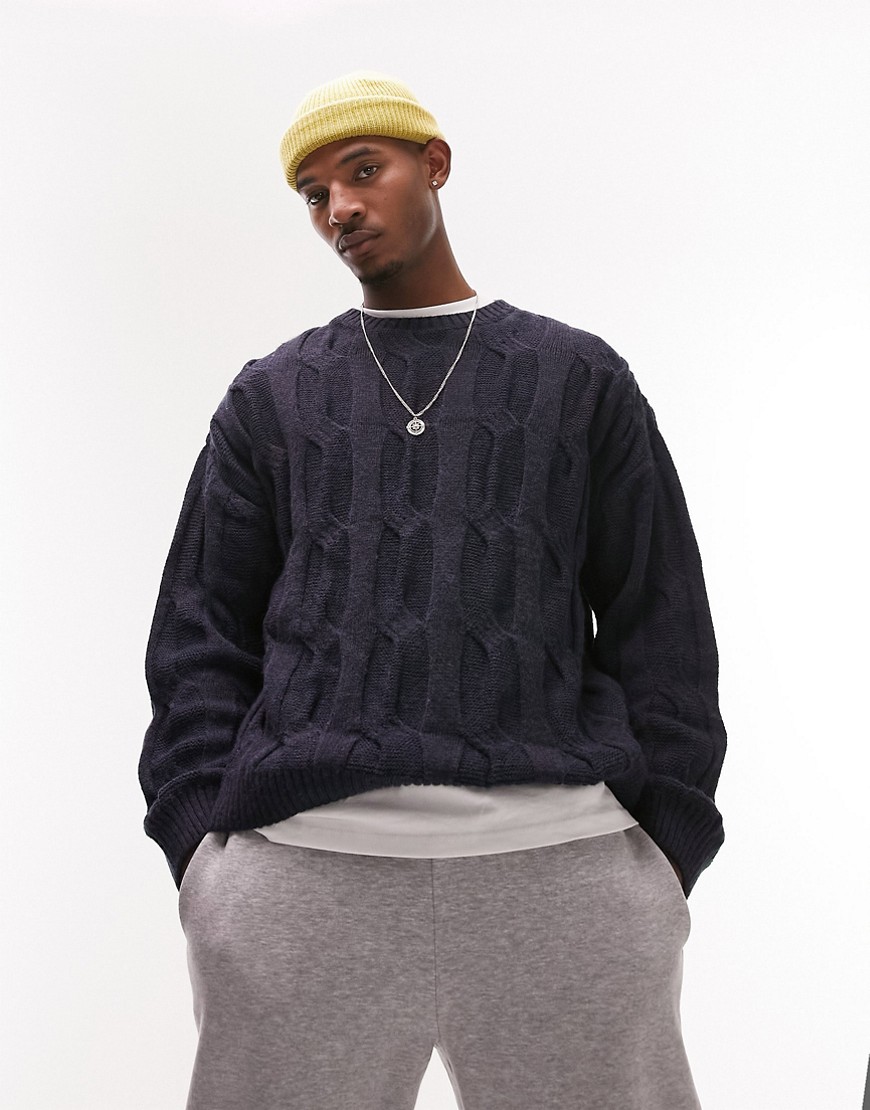 Topman knit crewneck sweater with enlarged cable knit in navy