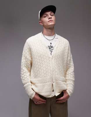 Topman Knit Crochet Cardigan With Tassel In Ecru-red