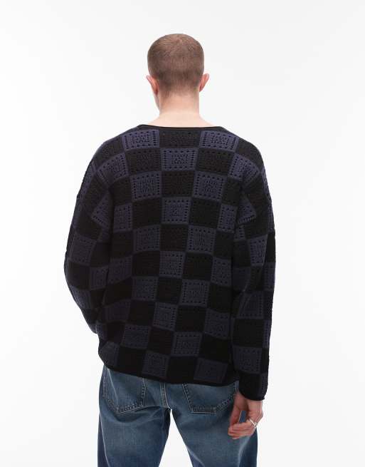 Topman knit crochet check cardigan in black & gray