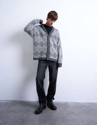 Topman Knit Diamond Cardigan In Black