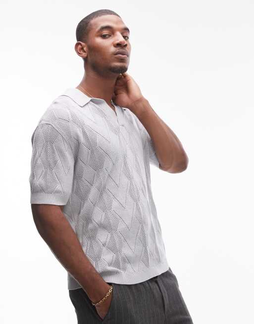 Topman knit diamond pattern pointelle polo in gray