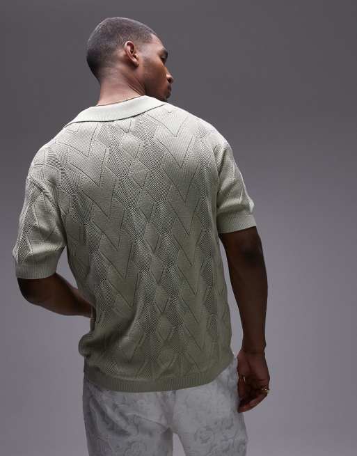 Topman knit diamond pattern pointelle polo shirt in light green, 2 of 4