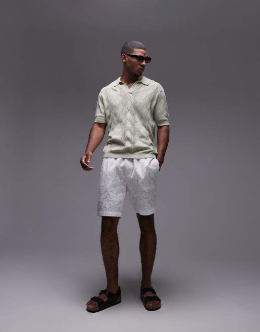 Topman knit diamond pattern pointelle polo shirt in light green, 4 of 4