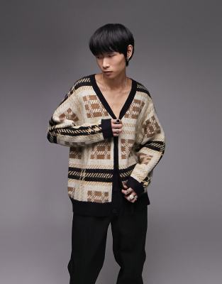 Topman Knit Fluffy Check Cardigan In Brown