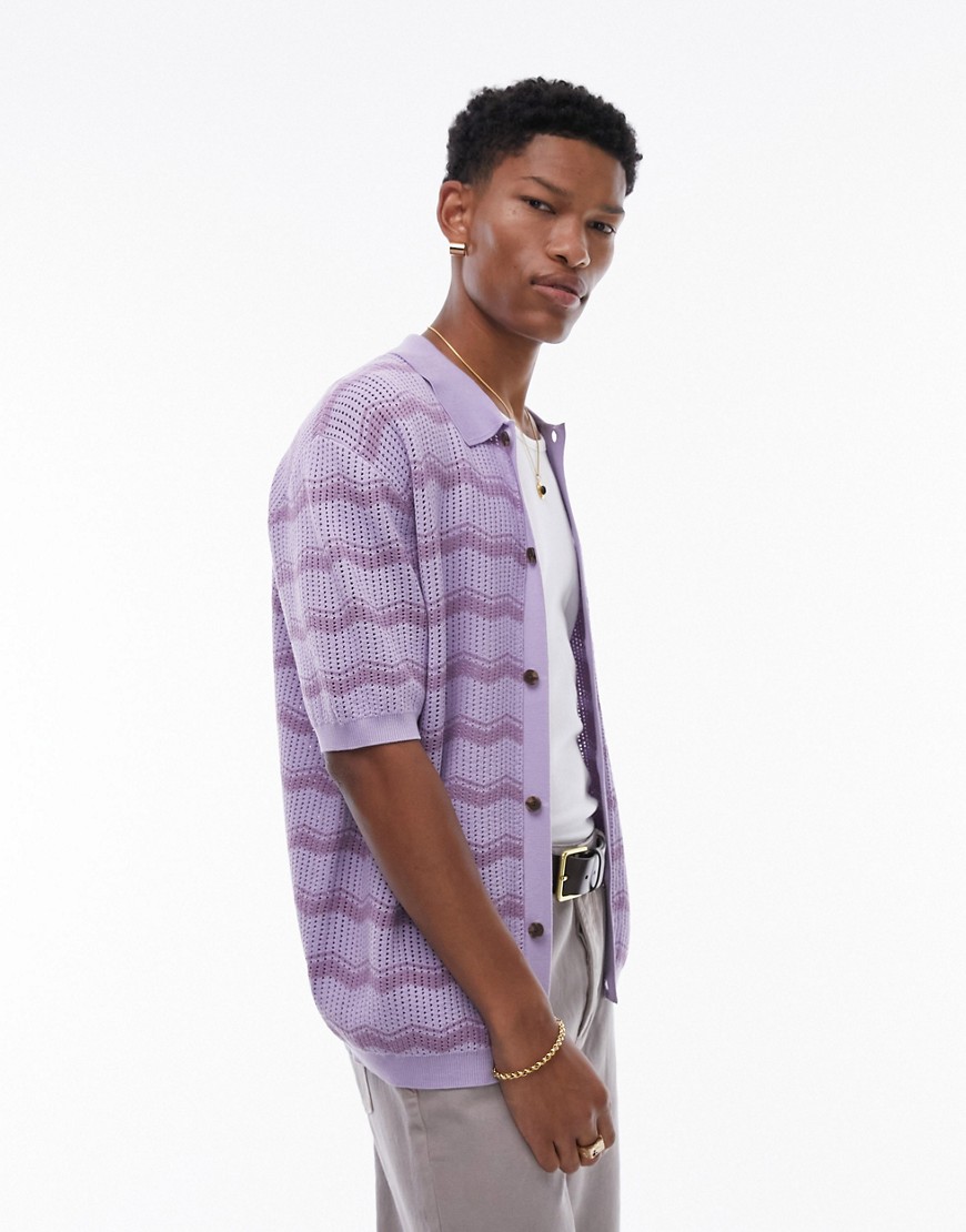 Topman Knit Geometric Stripe Button Up Polo In Lilac-multi