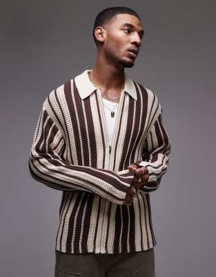 knit long sleeve polo in brown and ecru stripe-Multi