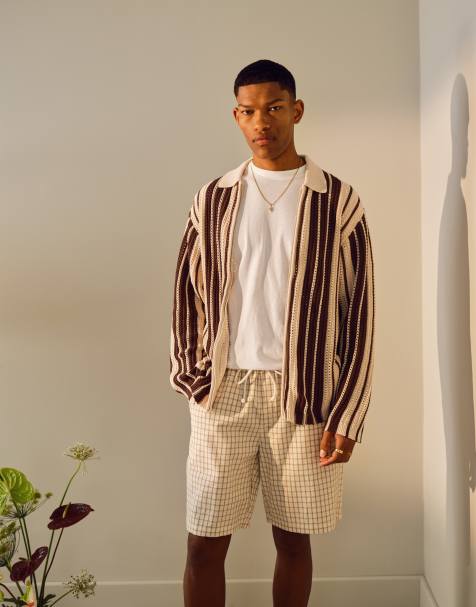 Topman knit long sleeve polo in brown and ecru stripe - view 1