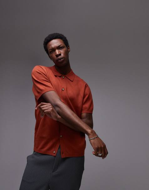 Topman knit pattern crochet shirt in rust - view 1