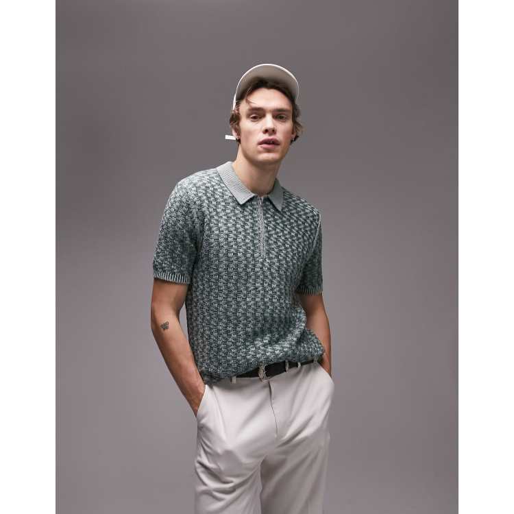 Topman knit polo with geo print in green | ASOS