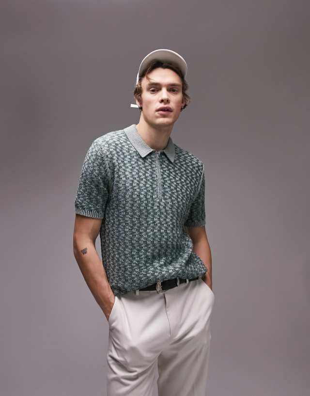 Topman knit polo with geo print in green