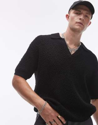 Topman Knit Revere Polo Shirt In Black