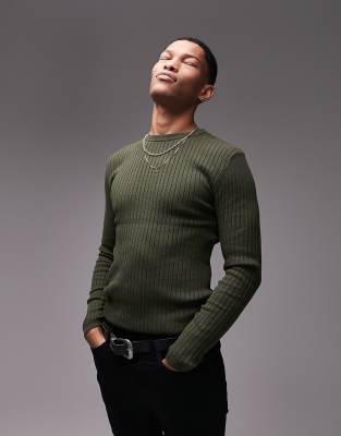 Topman Knit Ribbed Crewneck Sweater In Khaki-green In Green