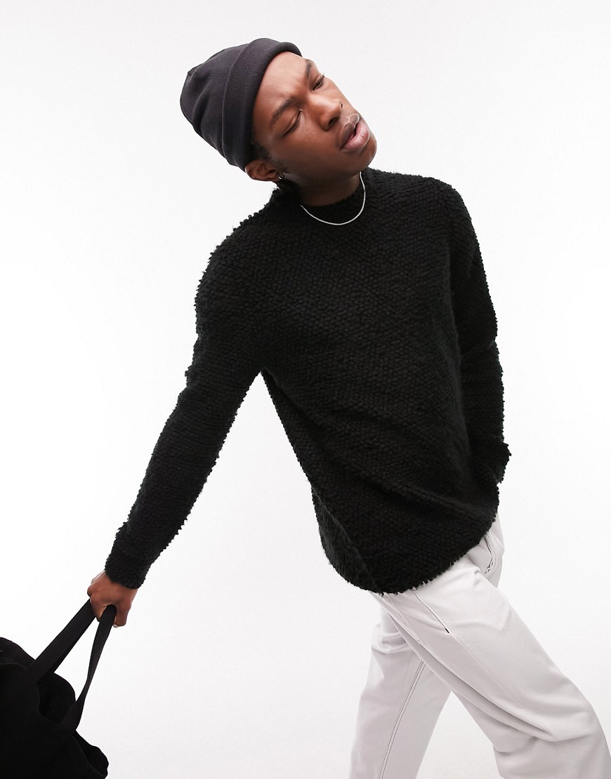 Topman knit roll neck sweater with boucle texture in black