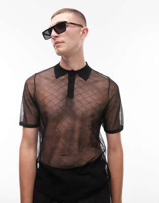 Topman Knit Sheer Polo With Diamond In Black