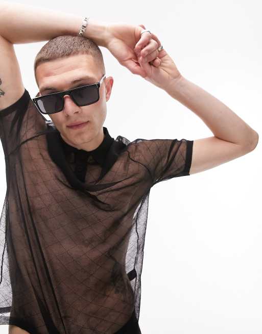 Topman knit sheer polo with diamond in black | ASOS