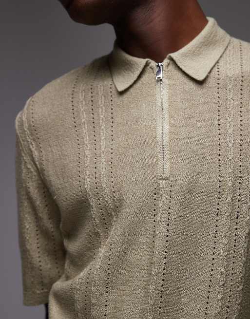 Topman knit short sleeve quarter zip textured polo shirt in sage, 4 of 4