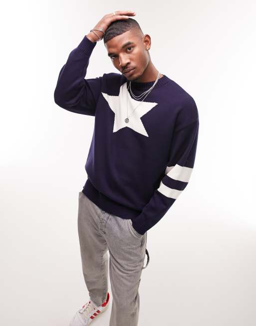 Topman knit sweater with star placement in navy ASOS