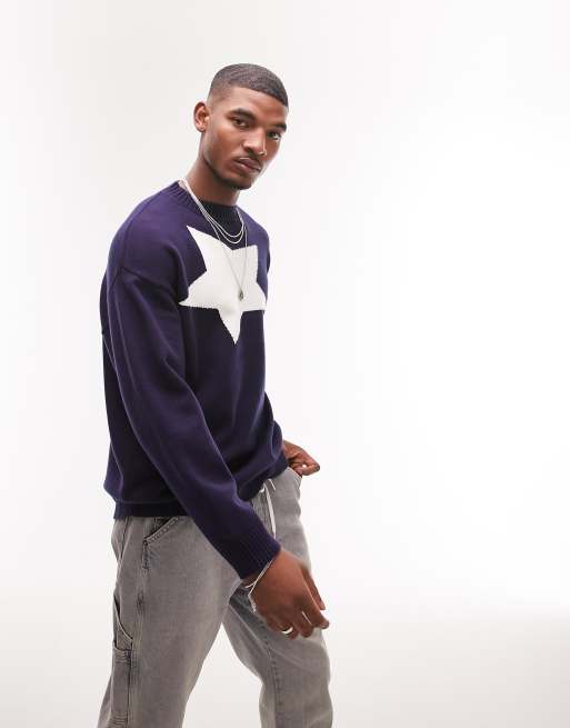 Topman knit sweater with star placement in navy