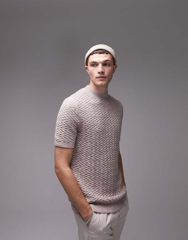 Topman knit T-shirt with geo print in light pink