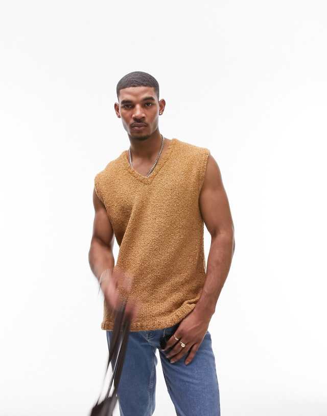 Topman knit tank with texture in tan