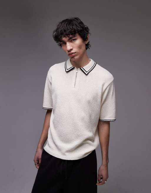 Topman knit terrycloth polo shirt with tipping in cream
