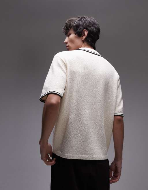 Topman knit terrycloth polo shirt with tipping in cream